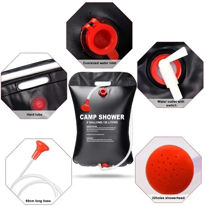 حقيبة استحمام تخييم محمولة 20 لتر مع خرطوم قابل للإزالة رأس دش قابل للتبديل تشغيل/إيقاف معدات تخييم بالسيارة حقيبة تخزين مياه للنزهات - 3