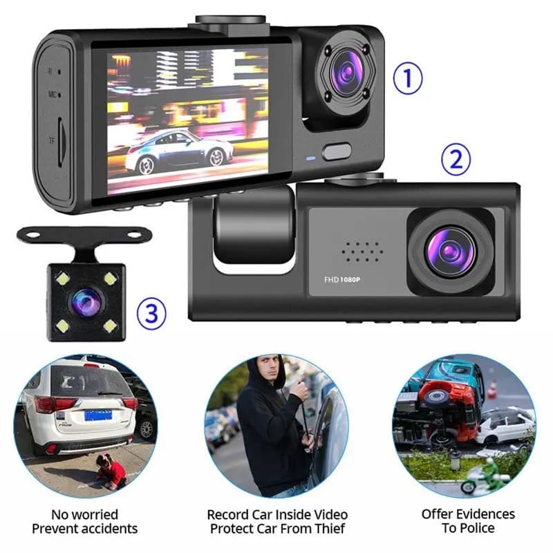 Dash Cam W/ IR Night Vision Loop Recording & 2" IPS Screen 1080P 3 Camera ， DVR recorder, video recorder, Vehicle DVR - 3