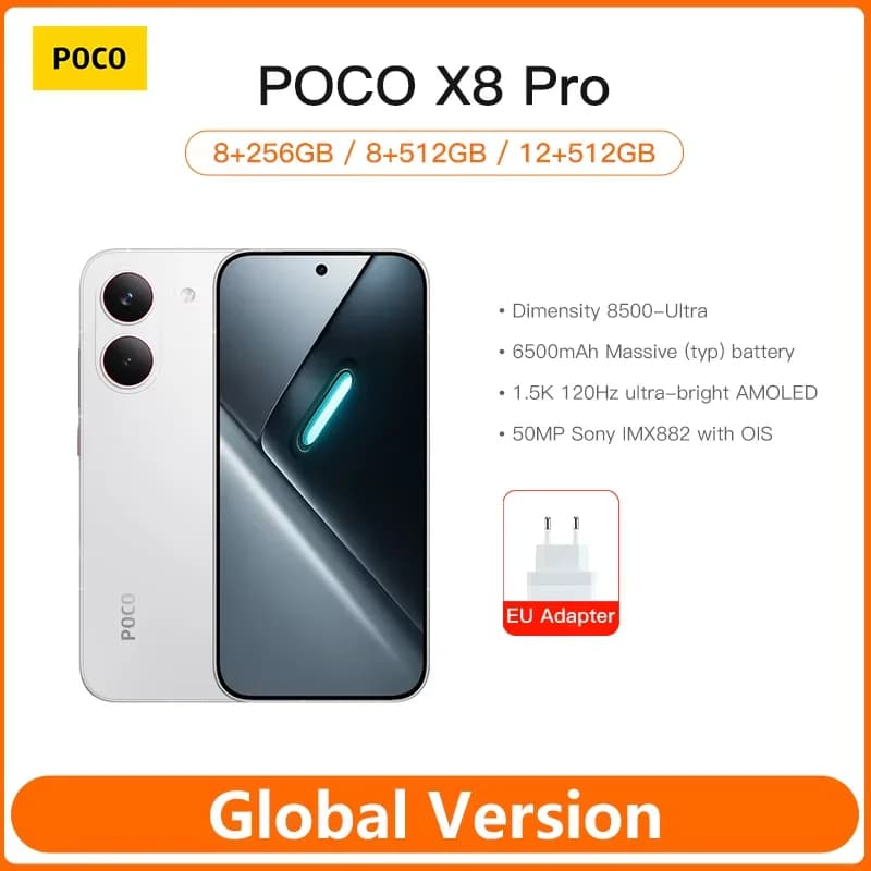 هاتف ذكي عالمي POCO X8 Pro 5G، معالج ديمينسيتي 8500-ألترا، بطارية 6500 مللي أمبير، شاشة 6.59 بوصة، دقة 1.5K، شاشة AMOLED، شحن سريع 100 واط، NFC 2026