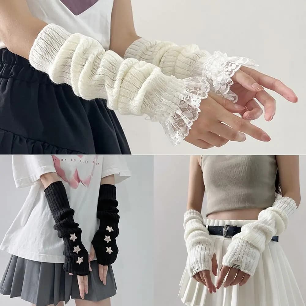 1Pair Fingerless Long Wrist Gloves Arm Warmers False Sleeves Knitted Gloves Finger Sleeves Cover Black White Half Finger Gloves