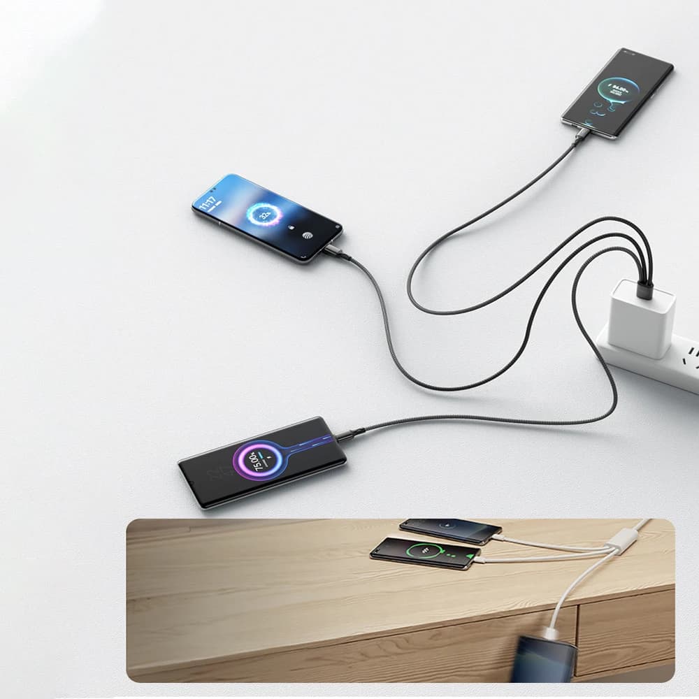 كابل بيانات شحن سريع 3-في-1، USB-A إلى 3×Type-C، 100 واط، 6A، لهواتف Samsung Galaxy S24 وS23 وXiaomi Redmi وHuawei، كابل شحن من النايلون بطول 1.2 متر - 6