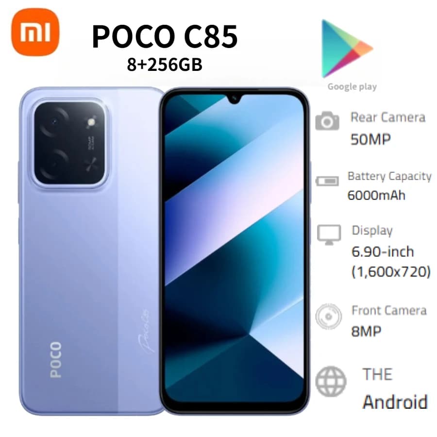 هاتف بوكو C85 الجديد، شاشة 6.5 بوصة HD+، 8GB رام، 256GB تخزين، معالج Mediatek Helio G81، كاميرا مزدوجة 48MP - 3