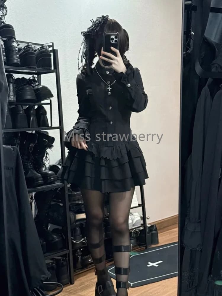 Spring Vintage Gothic Style Lace Up Dress Women Design High Street Black Lolita Slim Dresses 2025 Y2k Lace Long Sleeve Clothing - 6