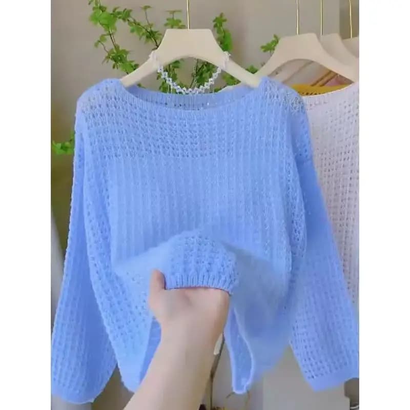 سويت شيرت محبوك رقيق بأكمام طويلة للنساء، تصميم فينتاج فضفاض وقابل للتنفس - 4