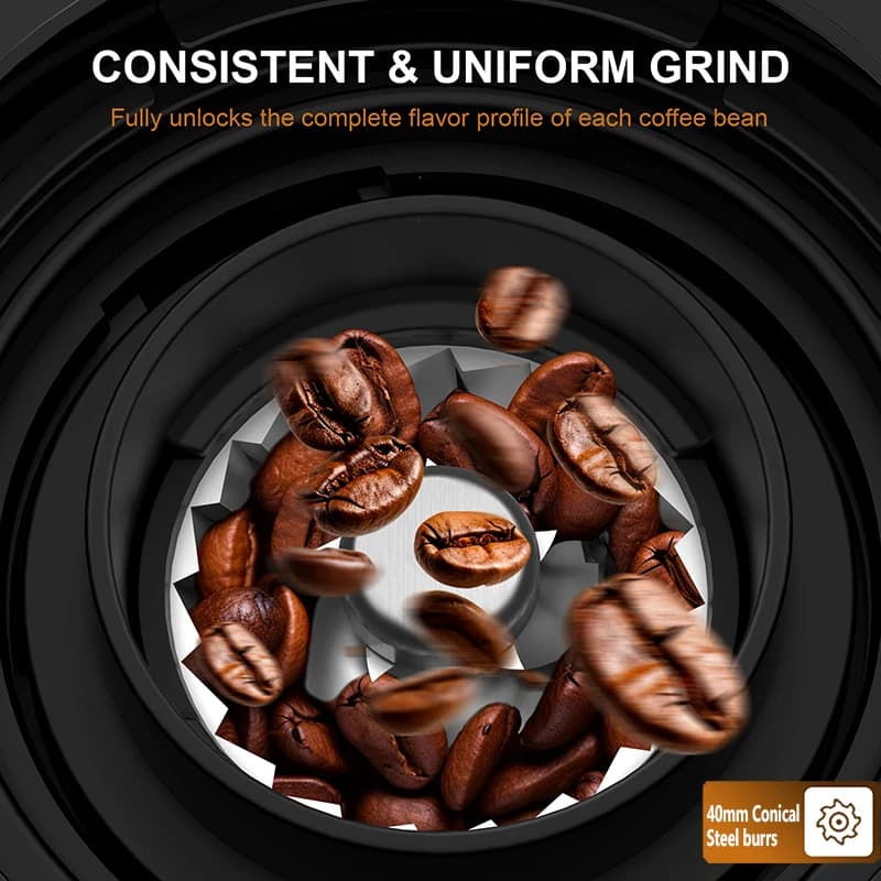 مطحنة قهوة كهربائية أوتوماتيكية مخروطية مع نافخ مسحوق، 25 درجة طحن دقيقة، مناسبة للإسبريسو والفرنش برس، 2-12 كوب - 5