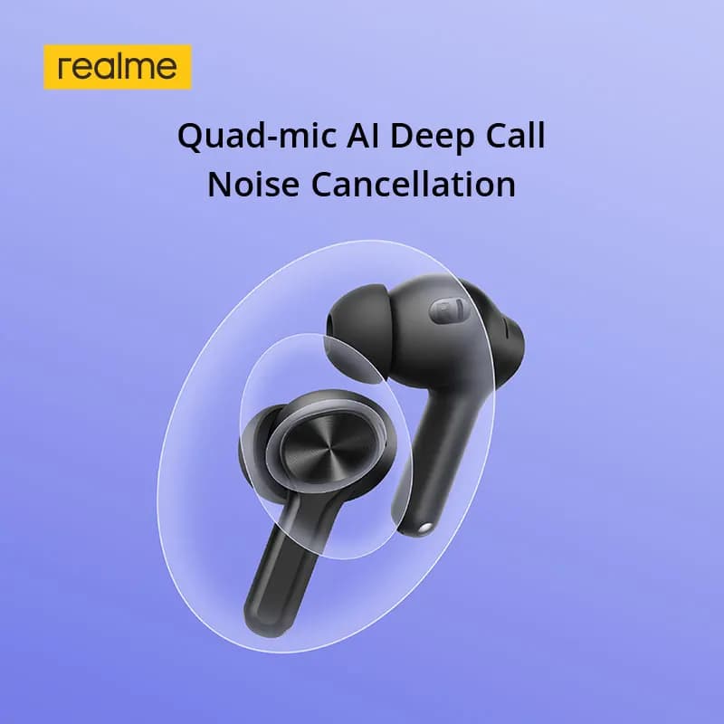 سماعات realme Buds T200 Lite TWS، مشغل باس ديناميكي 12.4 ملم، حتى 48 ساعة من التشغيل، إلغاء ضوضاء عميق بالذكاء الاصطناعي، بلوتوث 5.4 - 5
