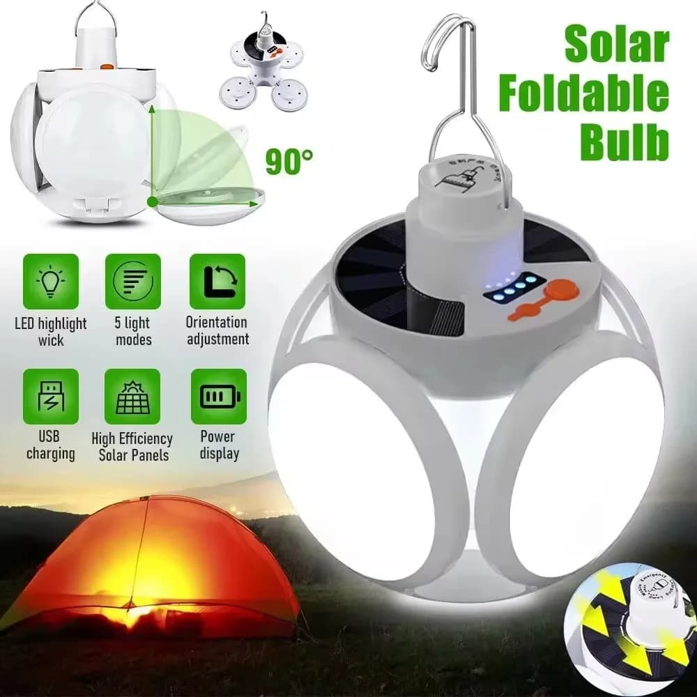 فانوس تخييم شمسي محمول عالي الطاقة قابل للشحن عبر USB مصباح خيمة خارجي قابل للطي مع خطاف تعليق للطوارئ والصيد - 2