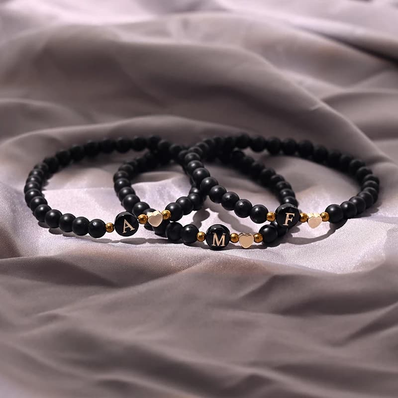 أساور عقيق أسود 4 ملم للرجال موضة مرنة قابلة للتعديل أساور قلب للرجال إكسسوارات مجوهرات - 5