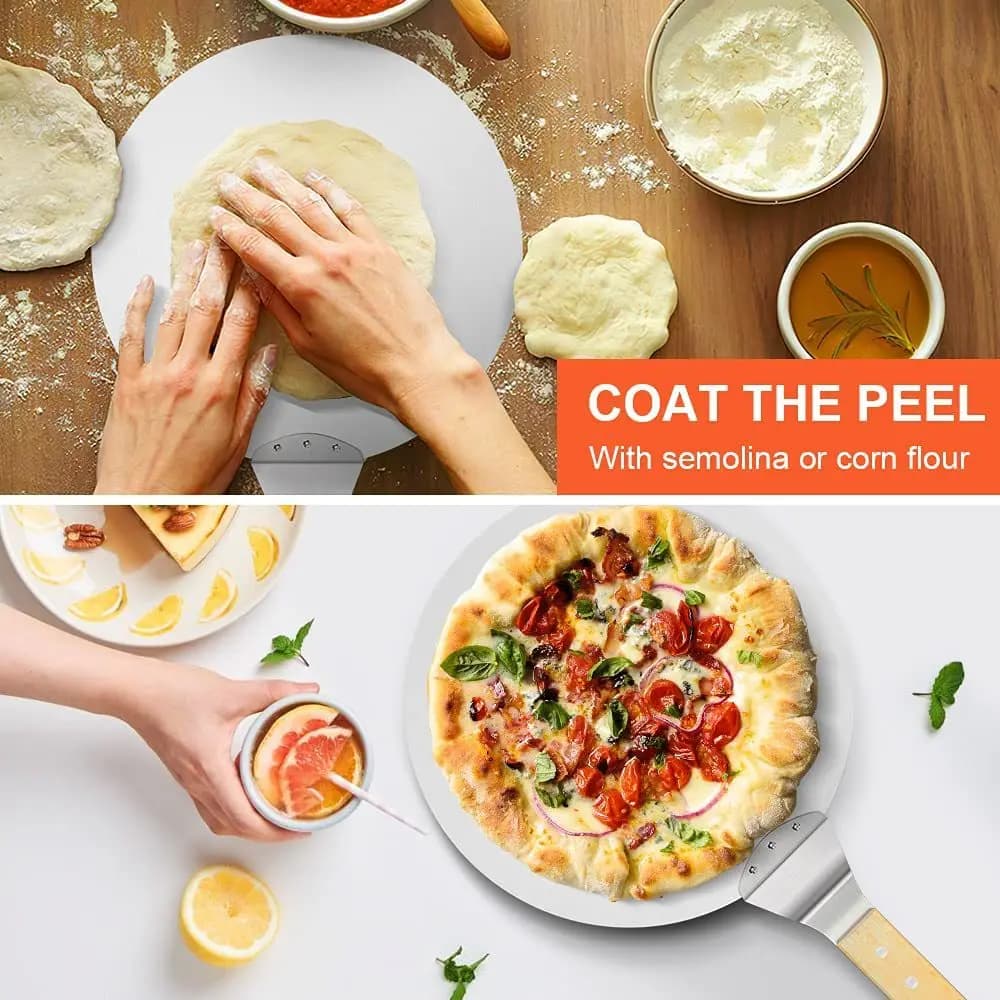 Pizza Shovel Pastry Tools Accessories Pizza Peel Round Stainless Steel Non-stick Pizza Paddle Spatula With Oak Wooden Handle - 2