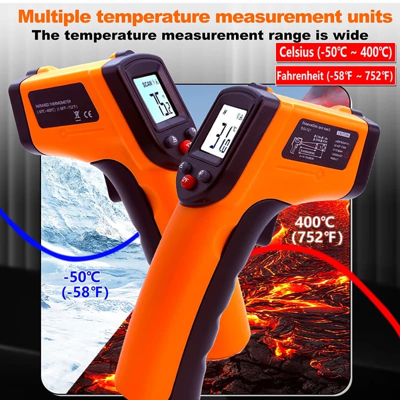 مقياس حرارة بالأشعة تحت الحمراء رقمي، مسدس ليزر لقياس الحرارة عن بعد، نطاق -50 إلى 400 درجة مئوية - 5