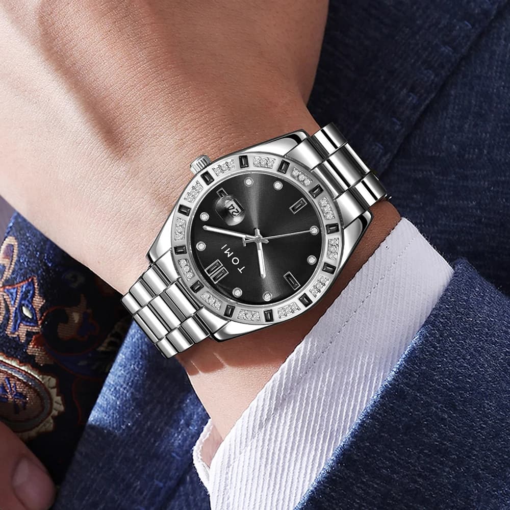 مجموعة ساعات تومي الفاخرة للرجال، 4 قطع، هدية فاخرة، علبة ساعة مرصعة بالماس، تقويم، حزام من الفولاذ المقاوم للصدأ، ساعة كوارتز - 5