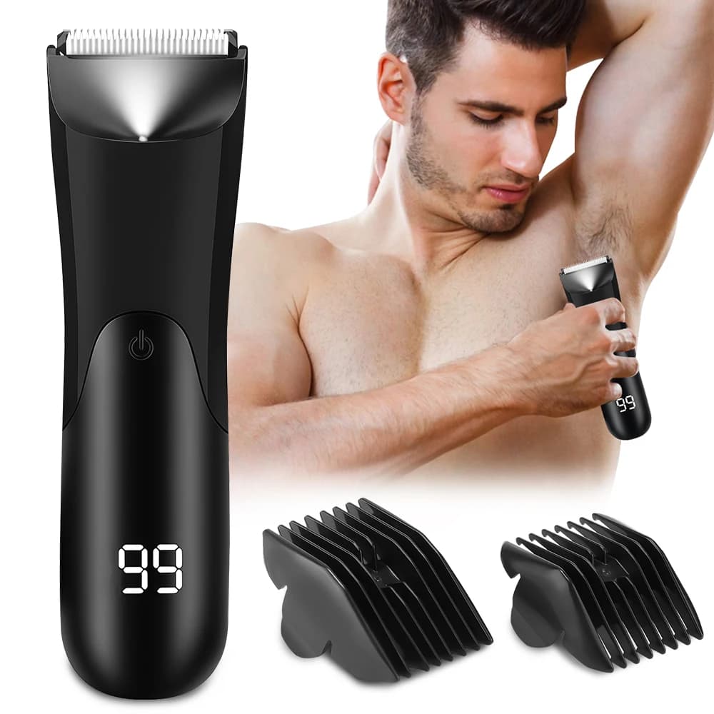 Men's Electric Groin Body Hair Trimmer with LED Light Includes 2 Guard Attachments Ceramic Blade Head Wet And Dry Shaver