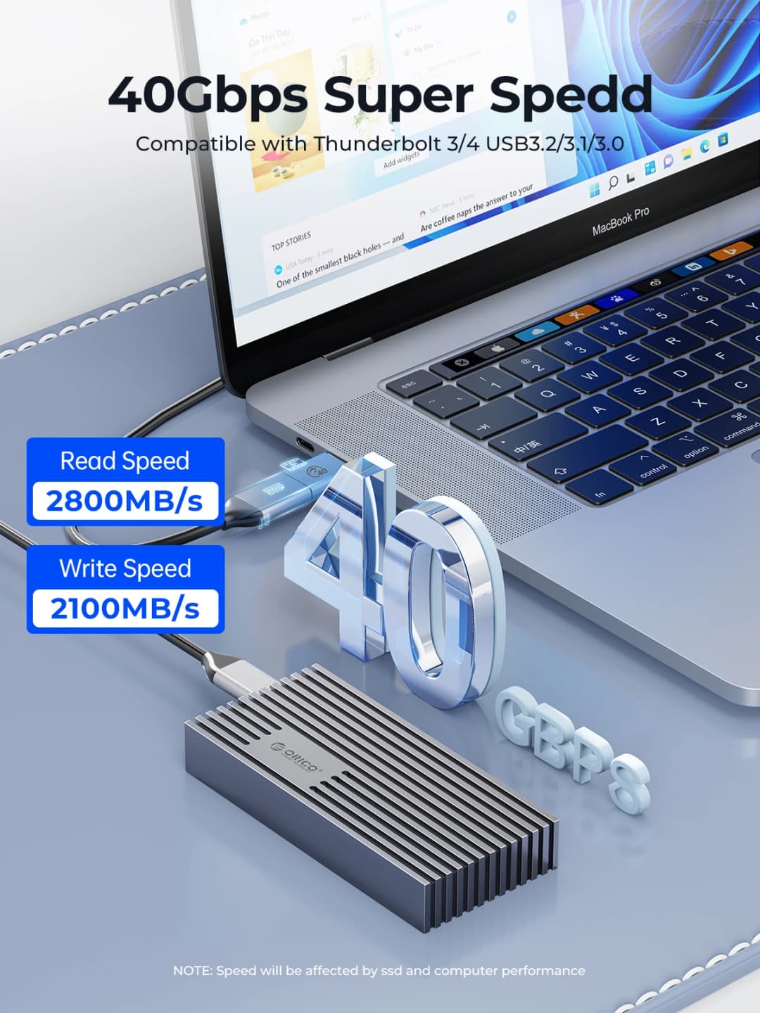 ORICO غلاف خارجي لـ NVMe M.2 SSD بمنفذ USB4 بسرعة 40 جيجابت في الثانية و PCIe3.0x4 و 20 جيجابت في الثانية و 10 جيجابت في الثانية متوافق مع Thunderbolt 3/4 - 3