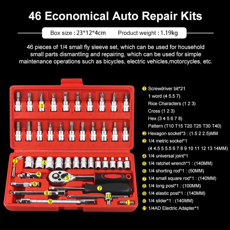 46pcs Drive Ratchet Torque Wrench Combo Auto Repairing Set Mechanic Tool Car Repair Tool Kit 1/4-Inch Socket Set Car Repair Tool - 2