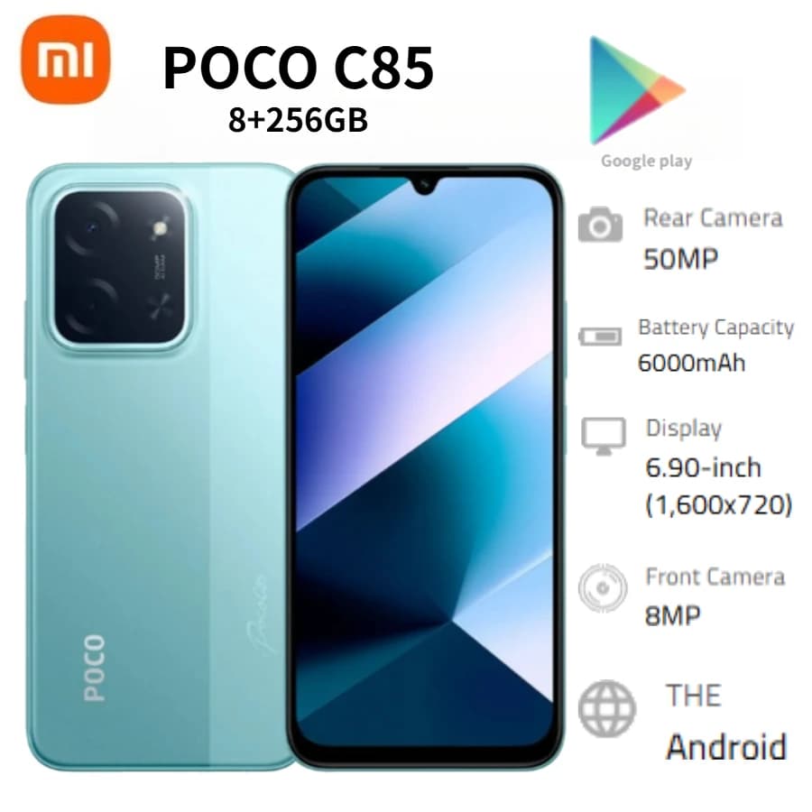 هاتف بوكو C85 الجديد، شاشة 6.5 بوصة HD+، 8GB رام، 256GB تخزين، معالج Mediatek Helio G81، كاميرا مزدوجة 48MP