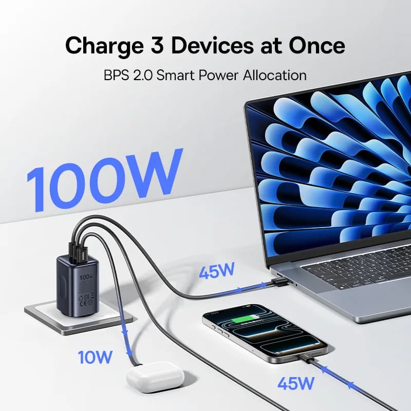 شاحن مكتبي من Baseus بقوة 100 واط للكمبيوتر اللوحي والمحمول شاحن سريع قابل للسحب من نوع USB C لهاتف iPhone 17 و16 وSamsung وMacbook GaN - 2