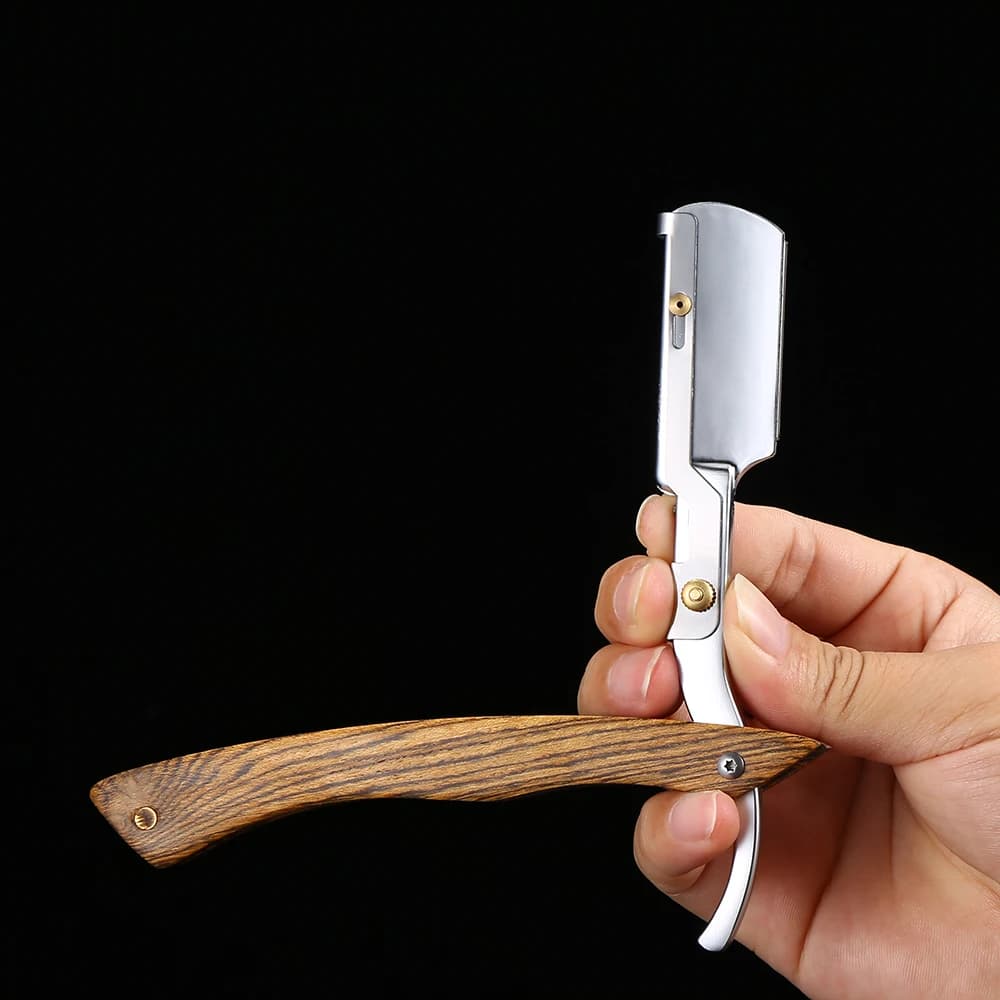 شفرة حلاقة مستقيمة للرجال بمقبض من الخشب الطبيعي تناسب شفرات الحلاقة المزدوجة - شفرة حلاقة احترافية وقريبة للحلاقين (بدون شفرة) - 3