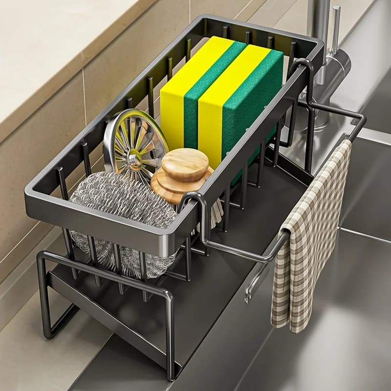 1 Set Durable Sponge Drain Rack Dish Box Kitchen Organizer with Brush Detergent Holder Sink Faucet Rack for Home Bathroom