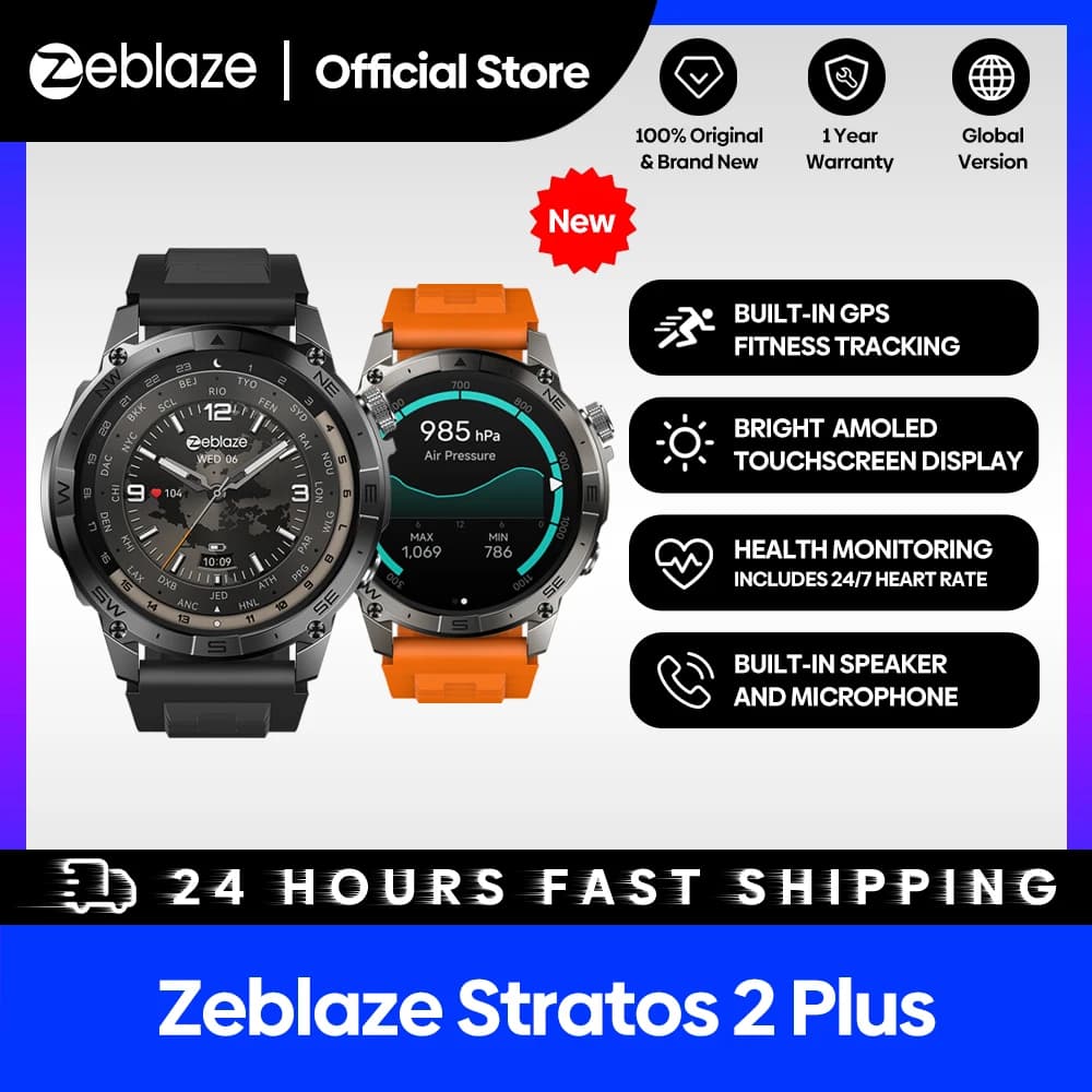 ساعة Zeblaze Stratos 2 Plus ذكية بنظام تحديد المواقع شاشة AMOLED مقاس 1.43 بوصة مقياس ضغط ماءي متابعة لياقة ذكية