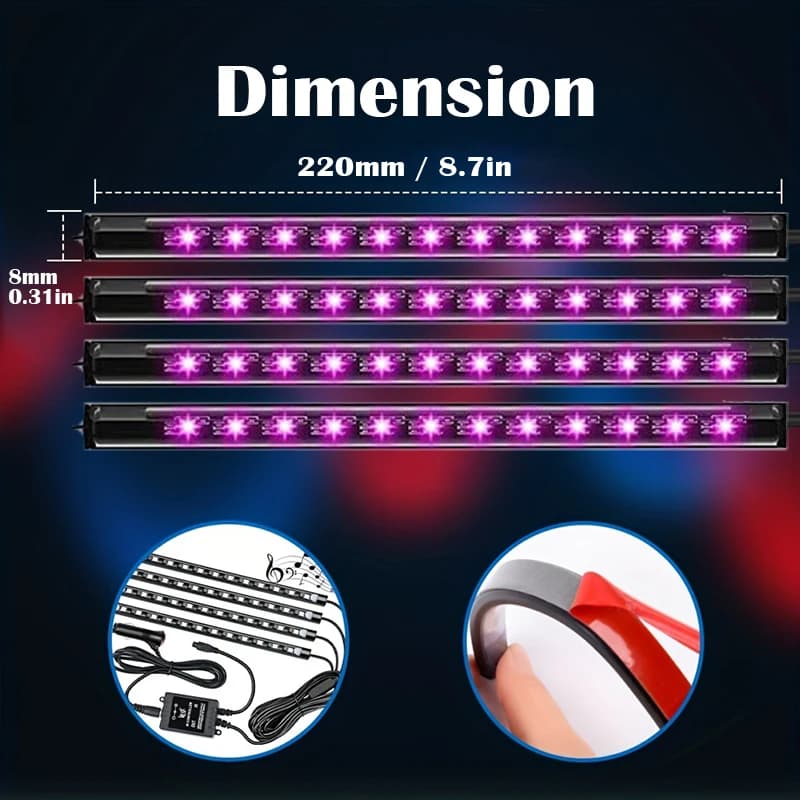 شريط إضاءة LED للسيارة مع 48 LED USB وتحكم عبر تطبيق بلوتوث مقاوم للماء متعدد الألوان RGB لإضاءة جو داخلي للسيارة - 2