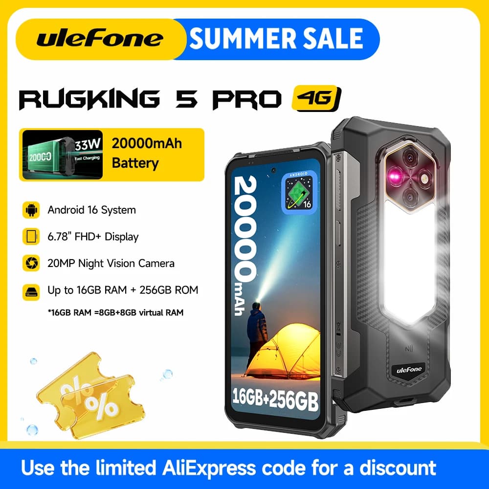 هاتف Ulefone RugKing 5 Pro 4G، هاتف ذكي متين بنظام أندرويد 16، بطارية 20000 مللي أمبير، ذاكرة وصول عشوائي حتى 16 جيجابايت، ذاكرة تخزين 256 جيجابايت، كاميرا ليلية، شاشة 6.78 بوصة FHD+