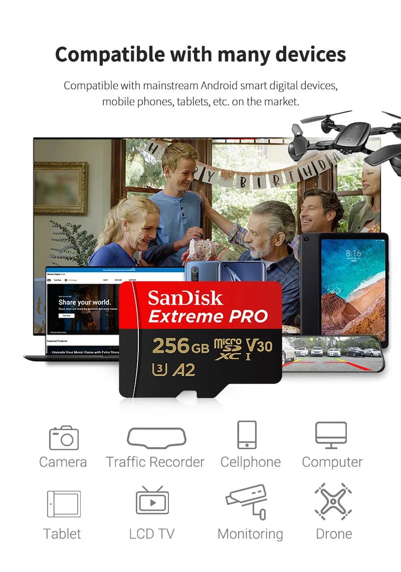 بطاقة ذاكرة SanDisk 32 جيجابايت MicroSDHC وبطاقة 64 جيجابايت MicroSDXC UHS-I وسعات 64 جيجابايت و128 جيجابايت و256 جيجابايت U3 C10 V30 A2 4K بطاقة TF فلاش لجهاز DJI - 5