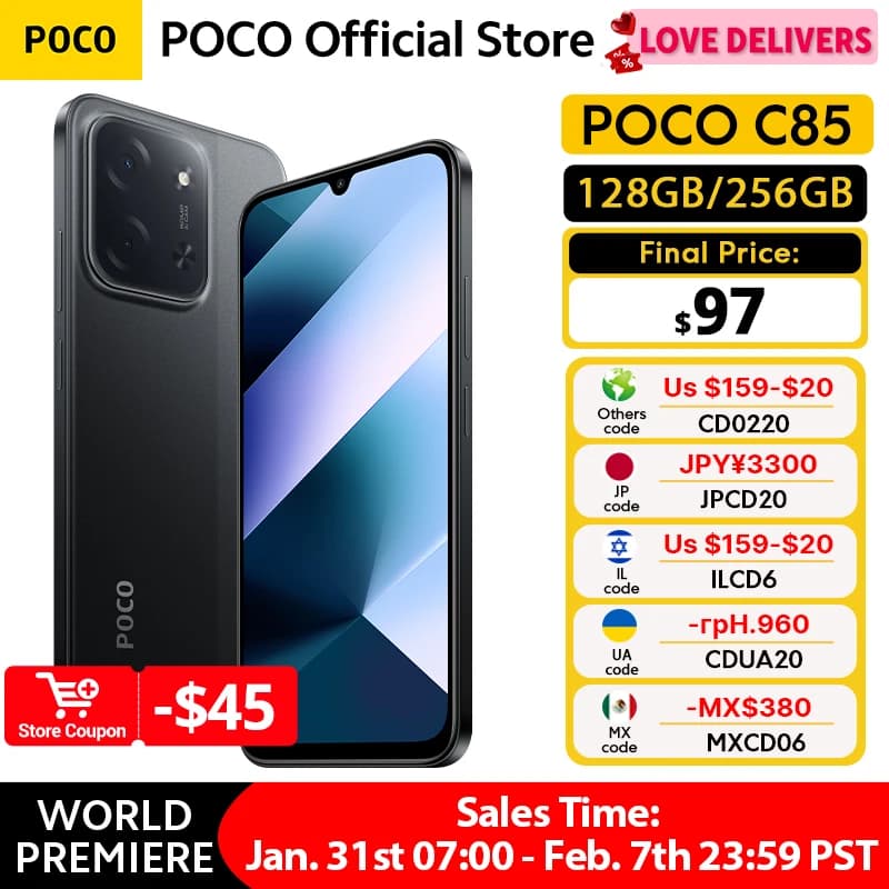 هاتف POCO C85 نسخة عالمية 128 جيجا بايت 256 جيجا بايت MTK Helio G81-Ultra 6.9 بوصة شاشة Dot Drop كاميرا رئيسية 50 ميجابكسل بطارية 6000 مللي أمبير شحن 33 واط