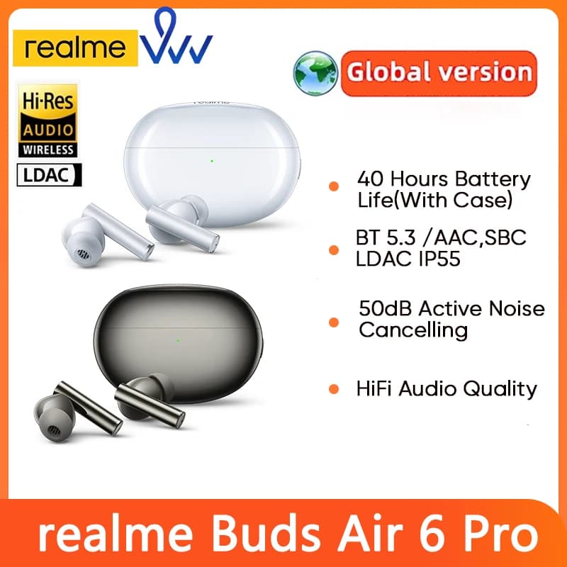الإصدار العالمي ريالمي بادز اير 6 برو سماعة بلوتوث 5.3 هاي ريز إل داك بطارية 20 ساعة تخفيض ضوضاء 50 ديسيبل سماعة رأس لاسلكية 2.0