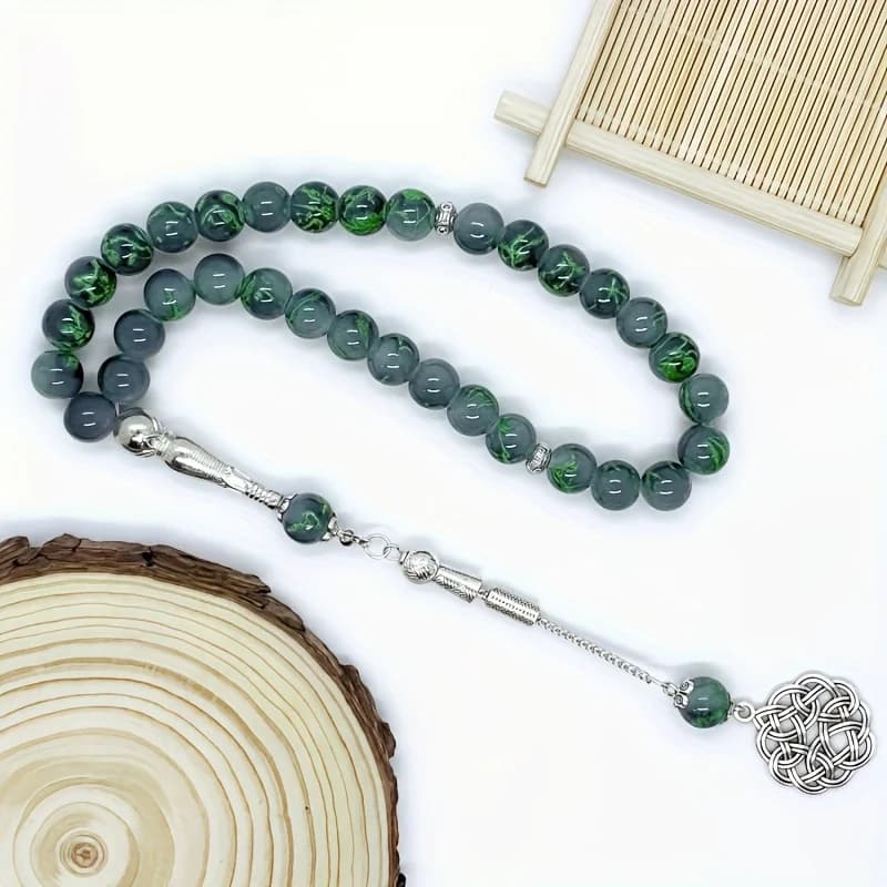 10 cm 33 single ear green glass pattern Muslim rosary beads Arab prayer TASBIH, fashion men's and women's bracelets/car hanging - 3