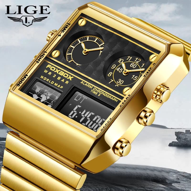 LIGE New Fashion Square Watch Men Casual Sports Military Quartz Chronograph Wristwatches Waterproof Dual Display Watch For Men - 6