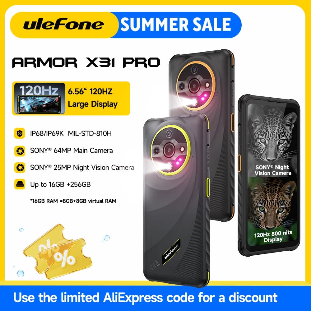 هاتف Ulefone Armor X31 Pro 5G متين بنظام Android 14 هاتف ذكي 6.56 بوصة 16 جيجابايت + 256 جيجابايت كاميرا ليلية 25 ميجابكسل 64 ميجابكسل 6050 مللي أمبير في الساعة NFC 120 هرتز IR