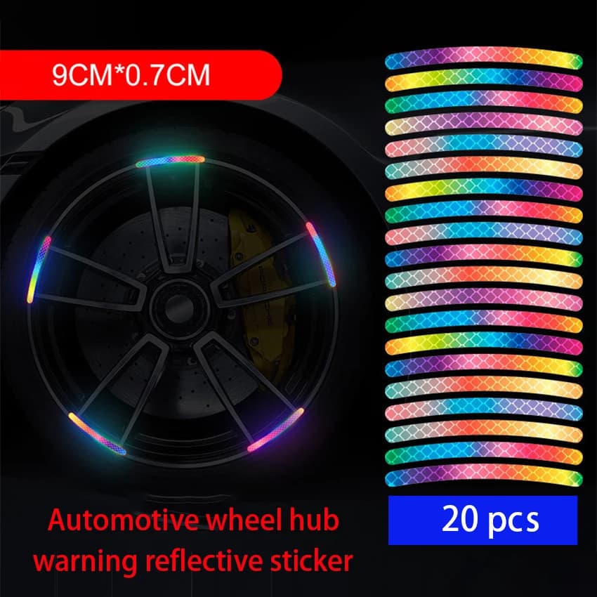 ملصقات تحذير سلامة عاكسة بسبعة ألوان ليزرية لمحاور عجلات الدراجات النارية والسيارات، 20 قطعة ملحقات تزيين السيارة