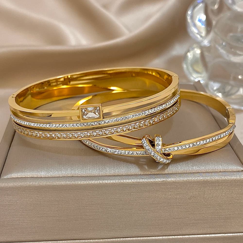 Luxury Stainless Steel Cuff Bracelet Bangle Set for Women Men Gold Plated Bracelets Inlaid White Rhinestone Wide Bangles Gift - 2