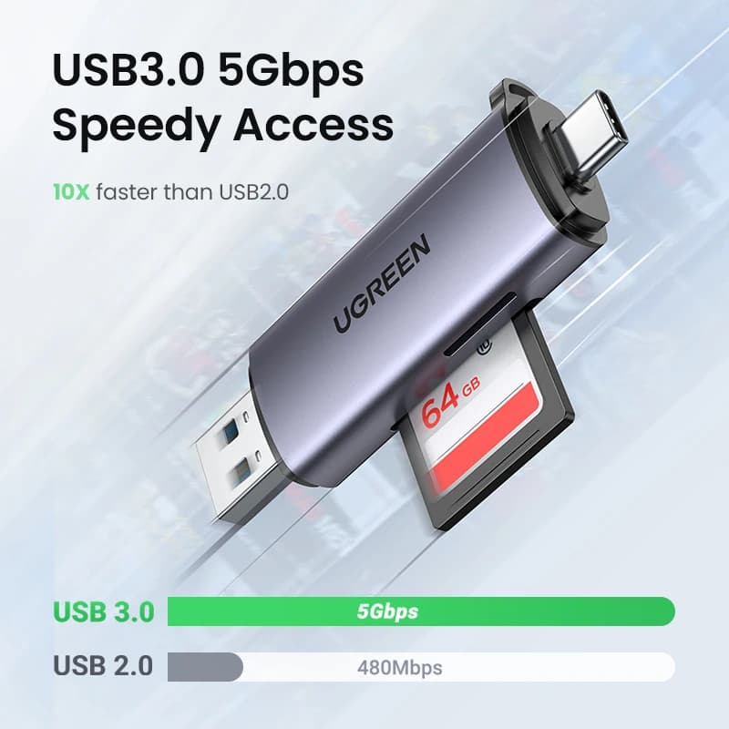 قارئ بطاقات UGREEN USB3.0 و USB C إلى SD و MicroSD و TF و Thunderbolt 3 لملحقات الكمبيوتر المحمول قارئ بطاقات الذاكرة الذكي محول بطاقة SD - 2