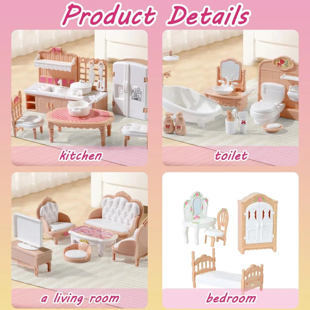 Dollhouse Furniture Set Accessories Doll House Mini Furniture Pretend Play Bedroom Living Room Bathroom Kitchen Kids Birthday - 5