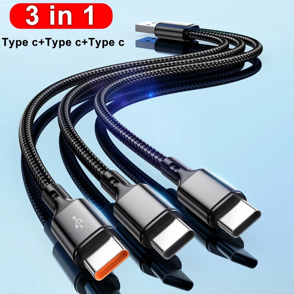 3 in1 USB to 3×Type - C Cable 100W 6A fast charge for Samsung S24 Xiaomi Huawei android phone usb c High-speed data transmission - 2