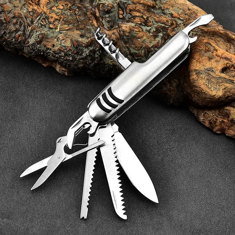 Portable 11 in 1 Fold Pocket knife Carry Around Multifunction Outdoor Emergency Tools Stainless Steel Bottle Opener Cork Drill - 3
