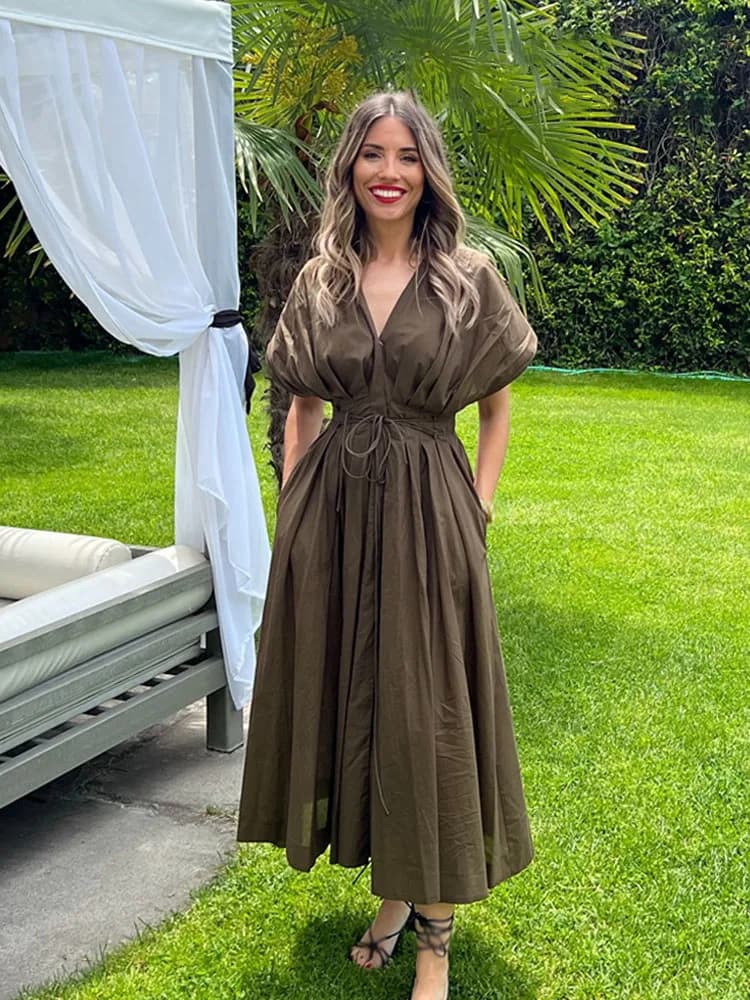 فستان صيفي طويل من HH، رقبة V، أكمام قصيرة، رباط دانتيل، تصميم أنيق وعصري - 5