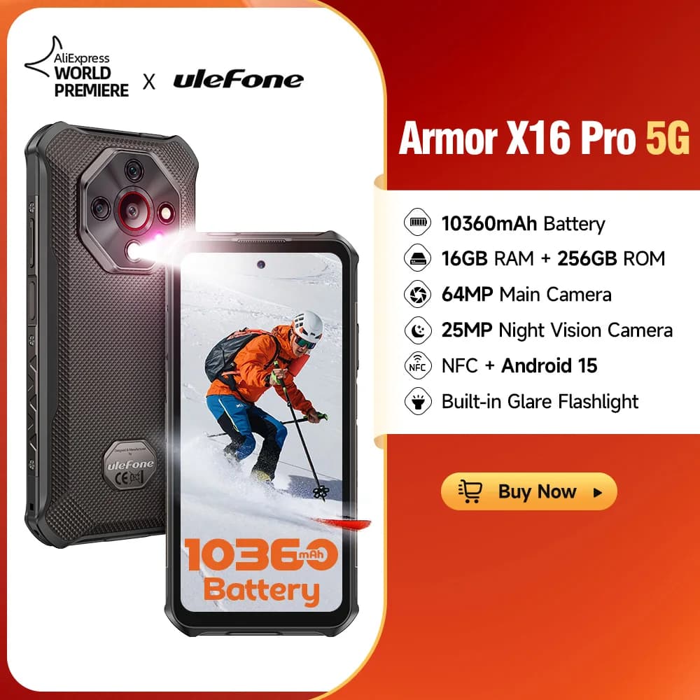 هاتف Ulefone Armor X16 Pro 5G المتين ببطارية 10360 مللي أمبير في الساعة وذاكرة وصول عشوائي 16 جيجابايت وذاكرة قراءة فقط 256 جيجابايت وشاشة 120 هرتز مقاس 6.56 بوصة مزود بتقنية NFC ونظام أندرويد مع Google Gemini