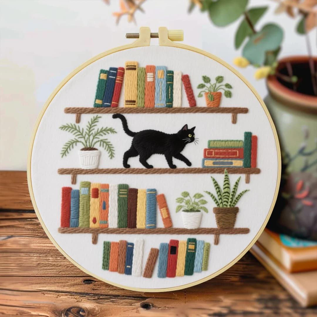 1pc 20X20CM/7.87inch The cat on the bookshelf Embroidery Starter Kit DIY kit Home Decor Needle Art Sewing Art - 3