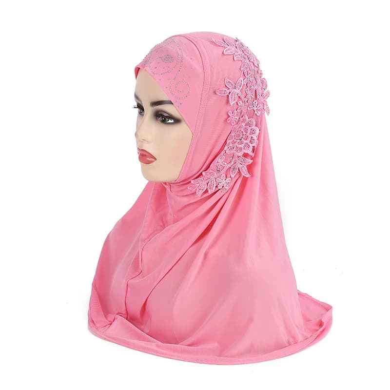 H027 حجاب مسلم كبير جميل للفتيات مع دانتيل وأحجار، وشاح إسلامي، شال، غطاء رأس، هدية رمضان - 5