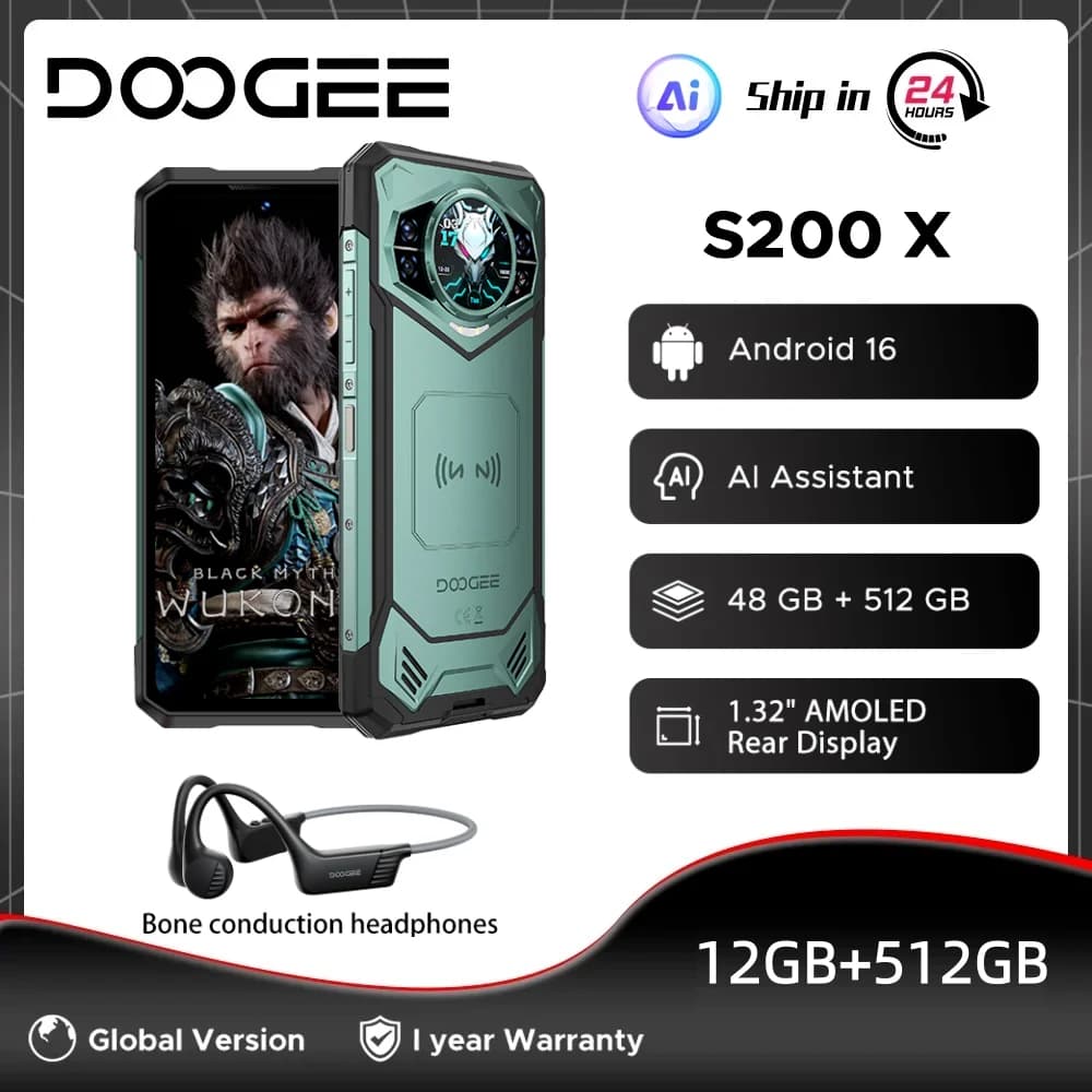 الإصدار العالمي لهاتف DOOGEE S200 X 5G المتين - ذاكرة 48 جيجابايت + 512 جيجابايت، شاشة 6.72 بوصة FHD+ بمعدل تحديث 120 هرتز، معالج MTK Dimensity 7050، بطارية 10100 مللي أمبير، نظام أندرويد 16، NFC
