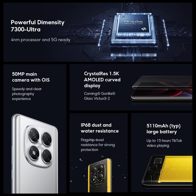 عرض عالمي أول لهاتف POCO X7 إصدار عالمي، معالج Dimensity 7300-Ultra، شاشة AMOLED منحنية مقاس 6.67 بوصة بدقة 1.5K، شحن توربو 45 واط، NFC - 2