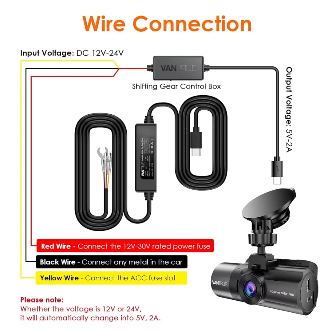 Vantrue كابل Type-C بطول 11.5 قدم، تحويل 12V/24V إلى 5V، مجموعة أسلاك صلبة مع حماية الجهد المنخفض لجميع كاميرات Vantrue - 4