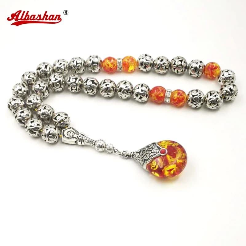 حبات التسبيح المعدنية مع الراتنج الأحمر ، سوار عربي ، هدية إسلامية ، هدية العيد