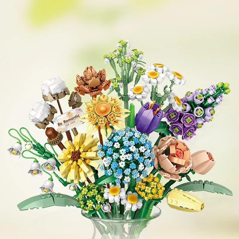 مجموعات بناء كلاسيكية، ورود وزهور وعباد شمس، نموذج طوب صغير، ألعاب بناء للأطفال