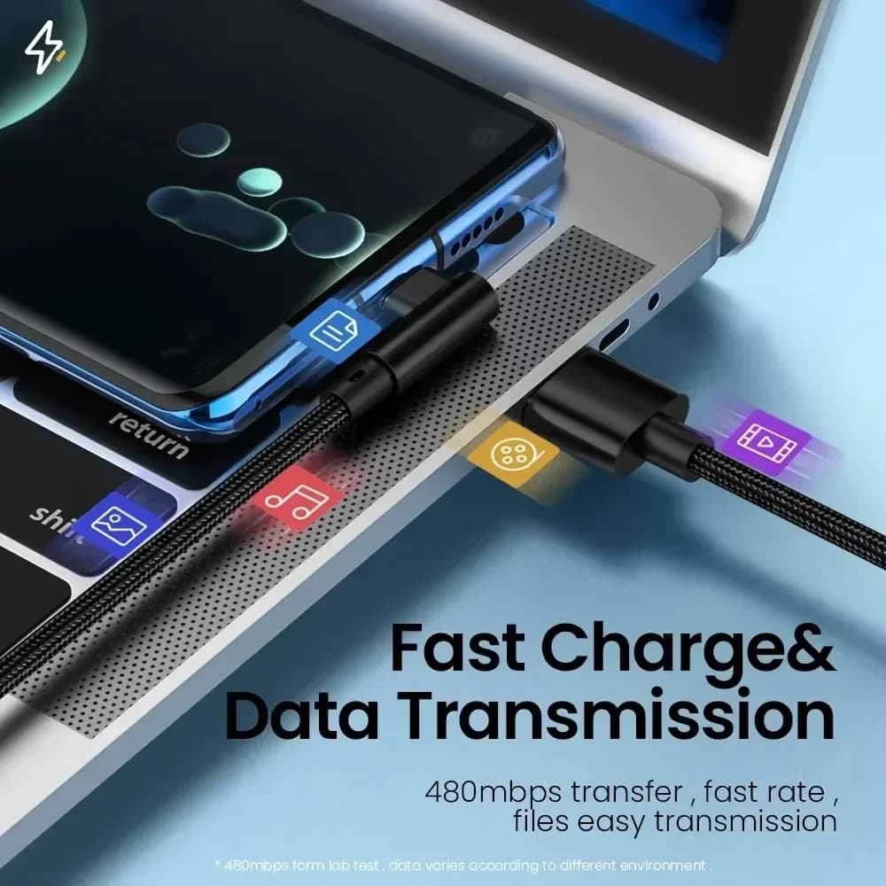 كابل بيانات شحن سريع 66 واط 6A، كابل يو اس بي إلى تايب سي مع كوع مفرد، أطوال 0.25م و1م و1.5م و2م و3م - 3