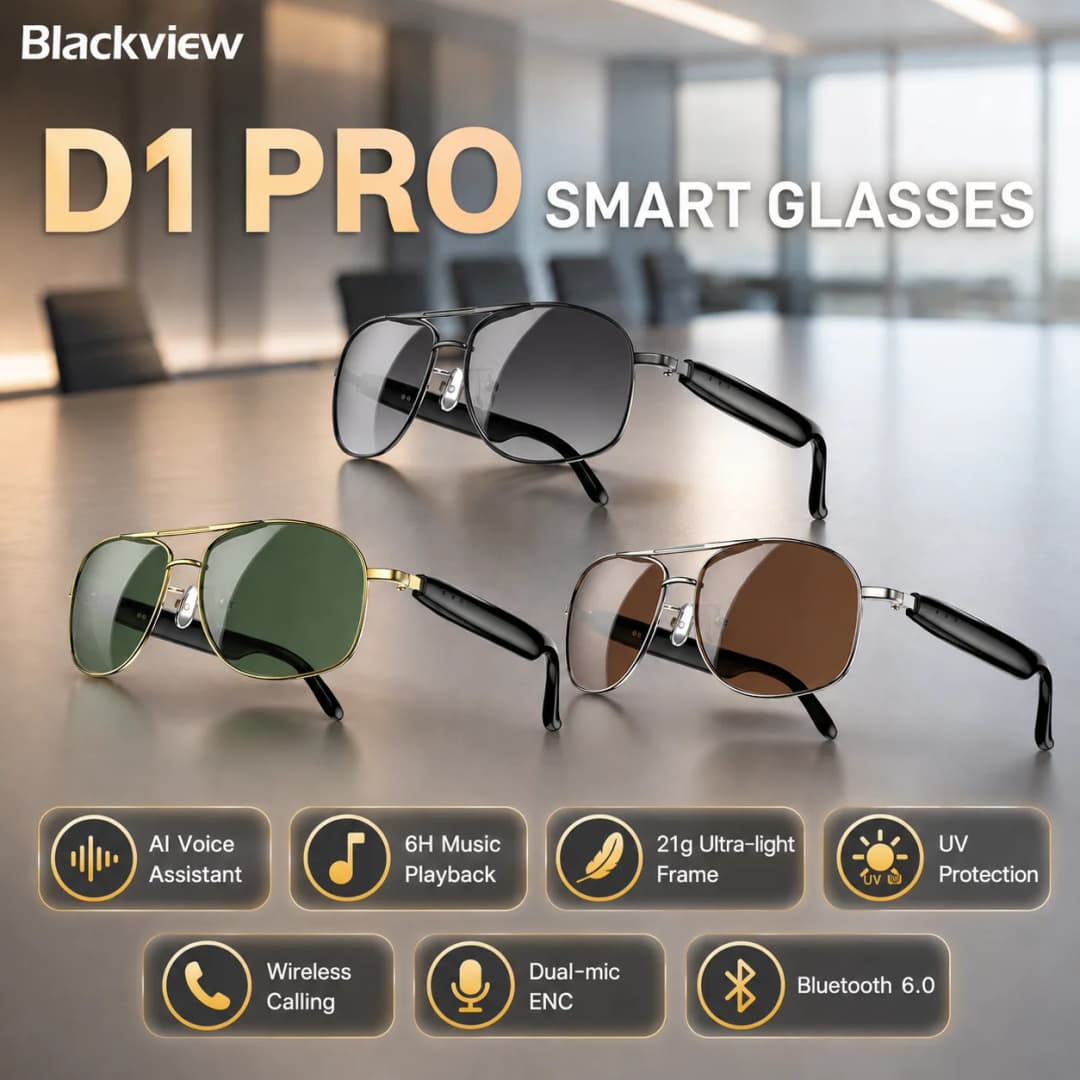 2026 New Blackview Smart Glasses D1 PRO AI Translation Wireless Call Voice,Music Player Open Sound Sunglasses for Man/Women