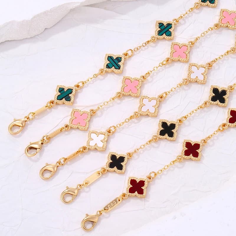Luxury Vintage Rhinestone Four Leaf Clover Bracelet for Women Girls Fashion Five Leaf Flower Wrist Chain Jewelry Bijoux Gifts - 5