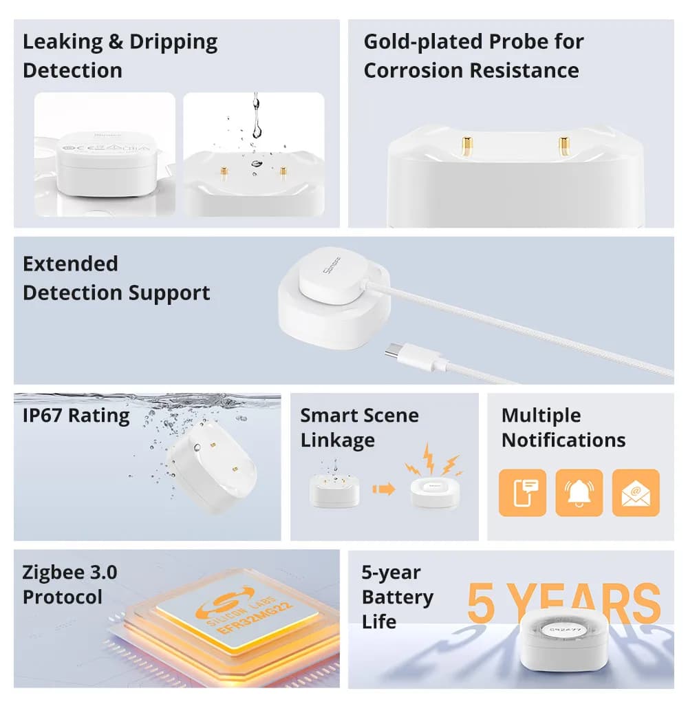 كاشف تسرب المياه SONOFF Zigbee 3.0 SNZB-05P مع كابل كشف، عمر افتراضي 5 سنوات، IP67، تحكم عن بعد عبر أليكسا وجوجل هوم - 4